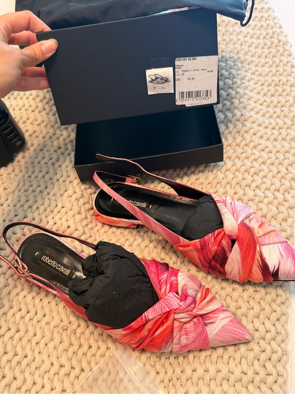 Roberto Cavalli Pink Floral Tie-Front Pointed Slingback Flats new in box 39